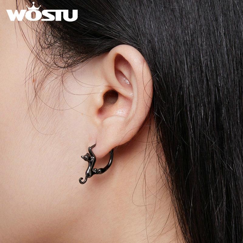 WOSTU Skutečné 925 mincovní stříbro černé roztomilé kočičí náušnice pro ženy Jemný šperk Dárek na večírek Rose Gold Animal Hoop Aretes