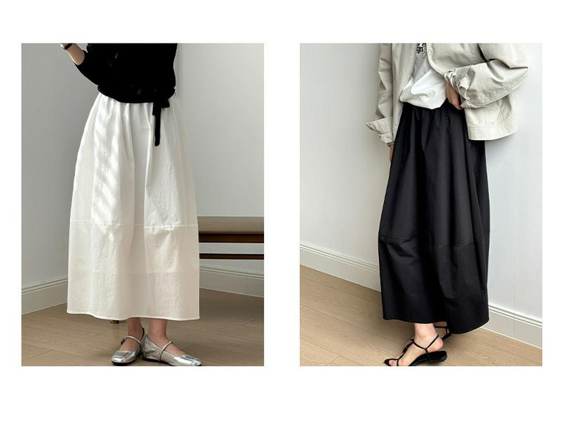 Women's French Style White Midi Skirt, High Waist, Petite A-Line Umbrella Design, Summer 2025 Collection.