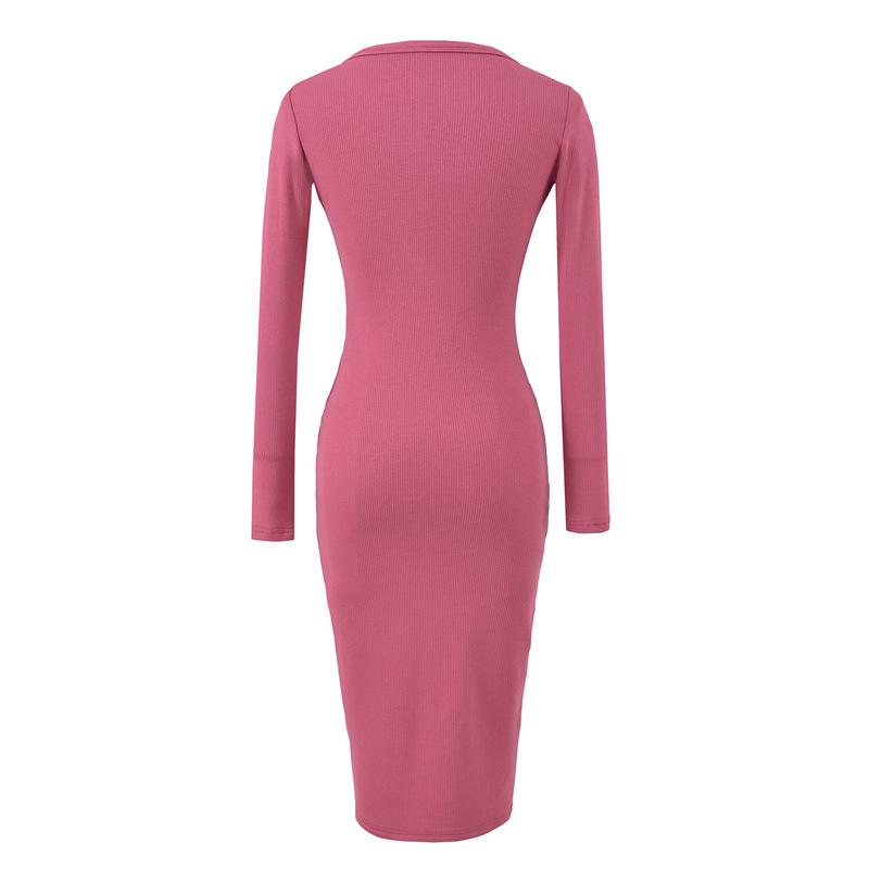 Women's Slim-Fit Brushed V-Neck Long-Sleeved Dress with Waist-Cinching, Mid-Length Skirt.