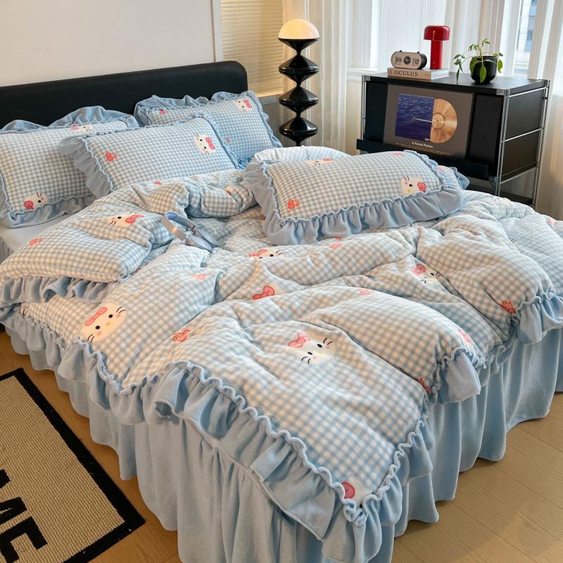 Xiaohongshu Popular Thickened Milk Fleece Bed Cover Bed Skirt Four-Piece Set Farai Fleece Warm Quilt Cover Bed Hat