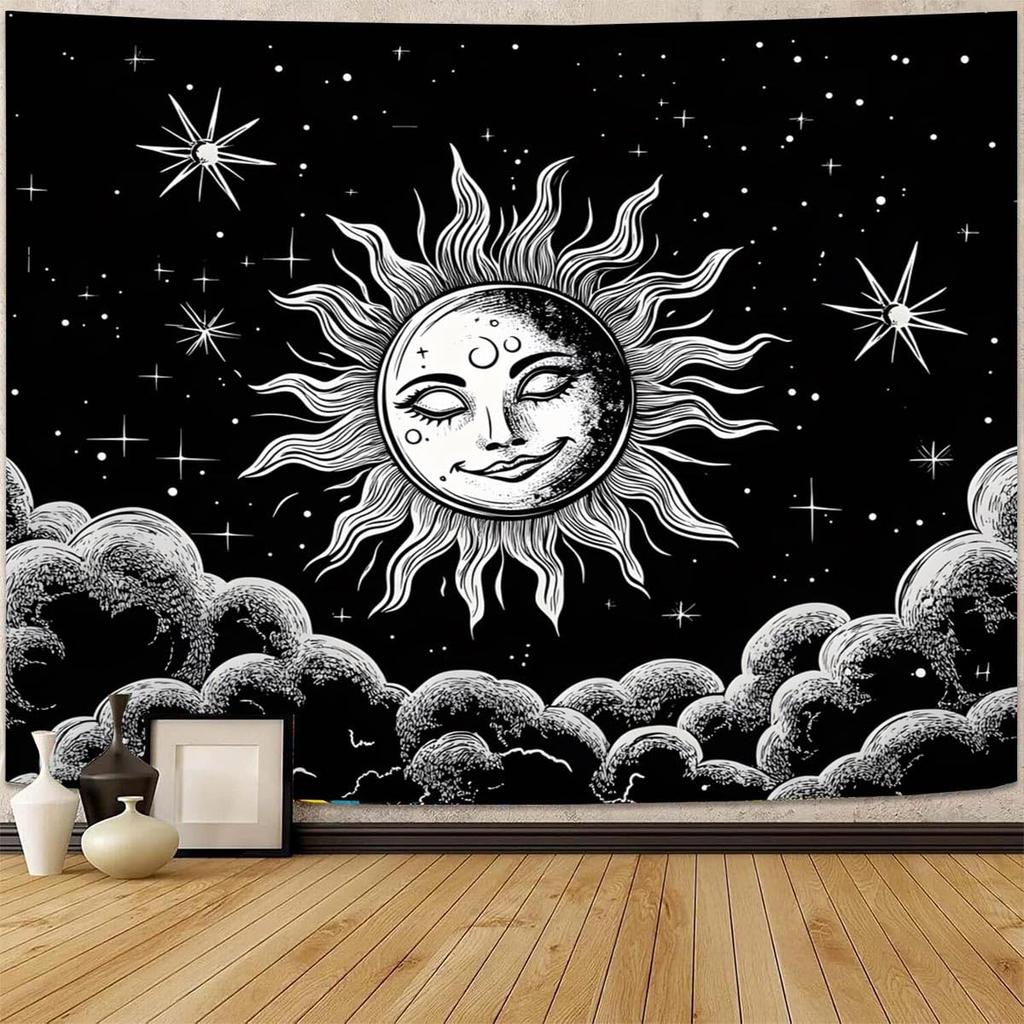 Hippe Boho Sun And Moon Tapestry, Trippy Colorful Tapestries Mystic Aesthetic Burning Sun Moon Wall Hanging Blanket For Bedroom