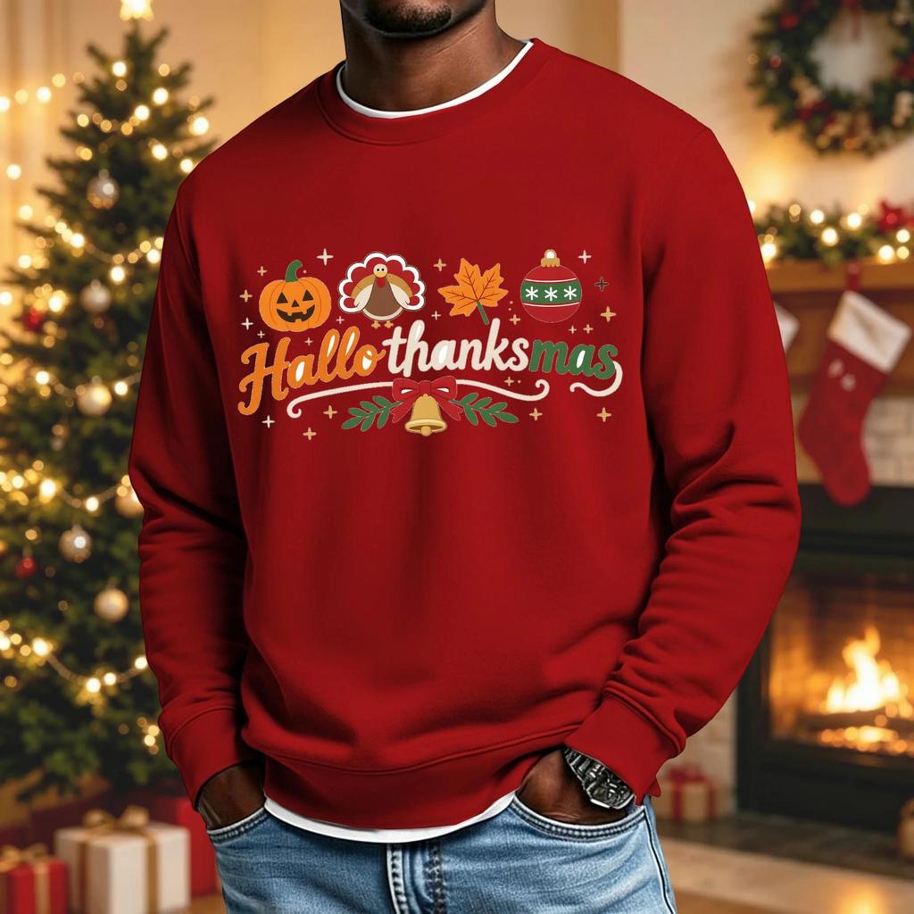Herren Lockere Passform Lässiges Rundhals Langarm Grafikshirt mit Halloween Thanksgiving Weihnachten Aufdruck Feiertags Oberteil