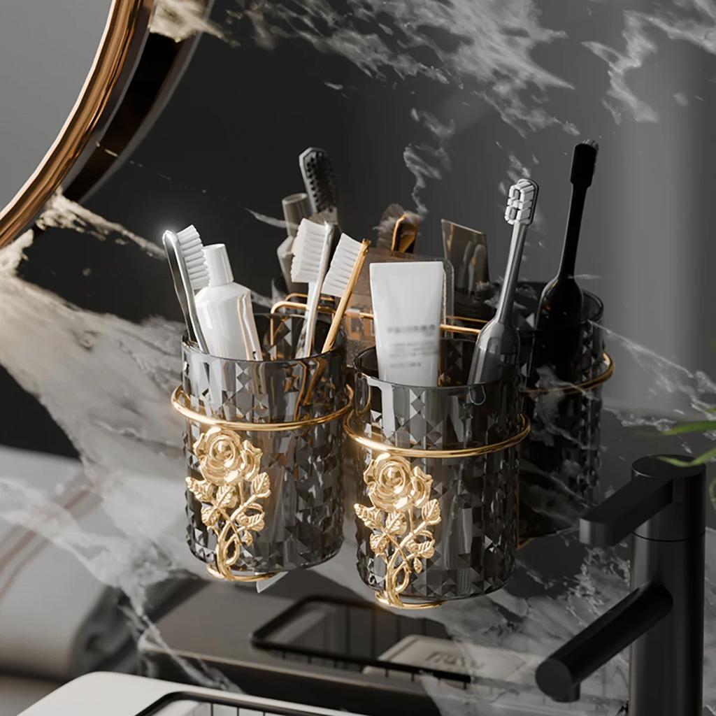 1pc-Wall Mounted Toothbrush Holder, Mouthwash Cup, No Drilling Required, Bathroom Organizer, Non-Electric, .Decorations