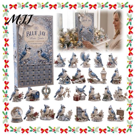 Ice Blue Jay Ornament Advent Calendar, 24-Day Winter Garden Countdown Box Wonderland Decorations with Acrylic 2D Ornaments, Christmas Tree Hanging
