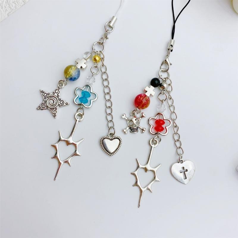 Herz-Kruzifix und Blume Handyband Handgemacht Perlen Schlüsselanhänger Charm Modischer Schlüsselanhänger Taschenzubehör für Modeliebhaber