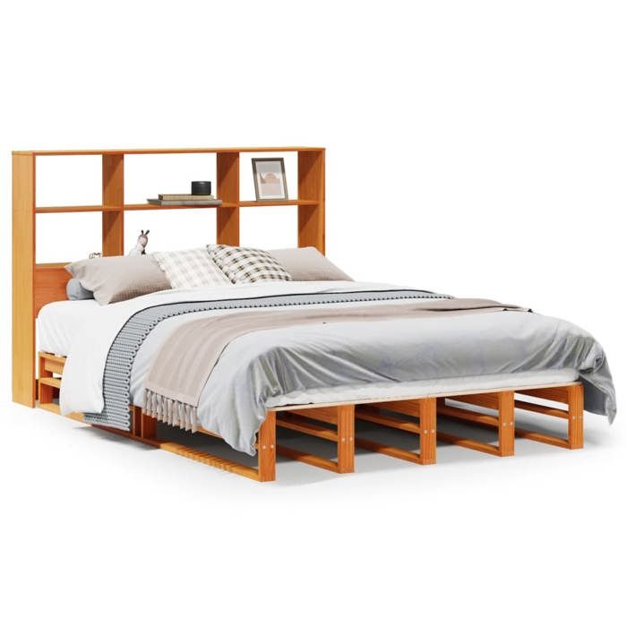 VidaXL Lit bibliothèque sans matelas cire marron 135x190cm bois massif, lit, meuble de chambre à coucher, lit avec 3323946