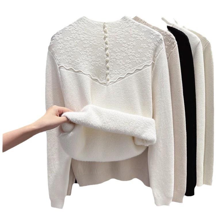 Spot Velvet Semi High Neck Base Sweater for Women's Autumn and Winter Loose Knit Top with Lace Integrated Velvet Inner Layer Sweater