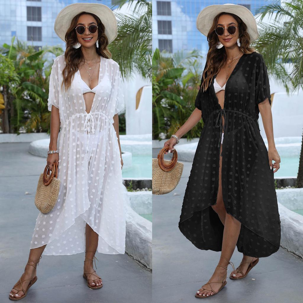 Women's Cover Up Plus Size Polka Dot Dimensional Chiffon Shirt Beach Sun Shirt Irregular Tie Cardigan Cover-Ups