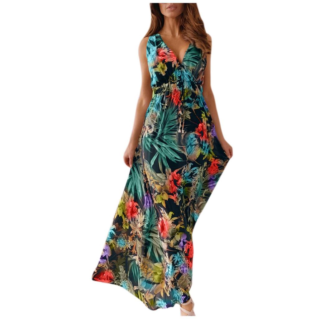 Vestido feminino casual de verão com estampa de bandagem elástica na cintura e decote em V sem mangas