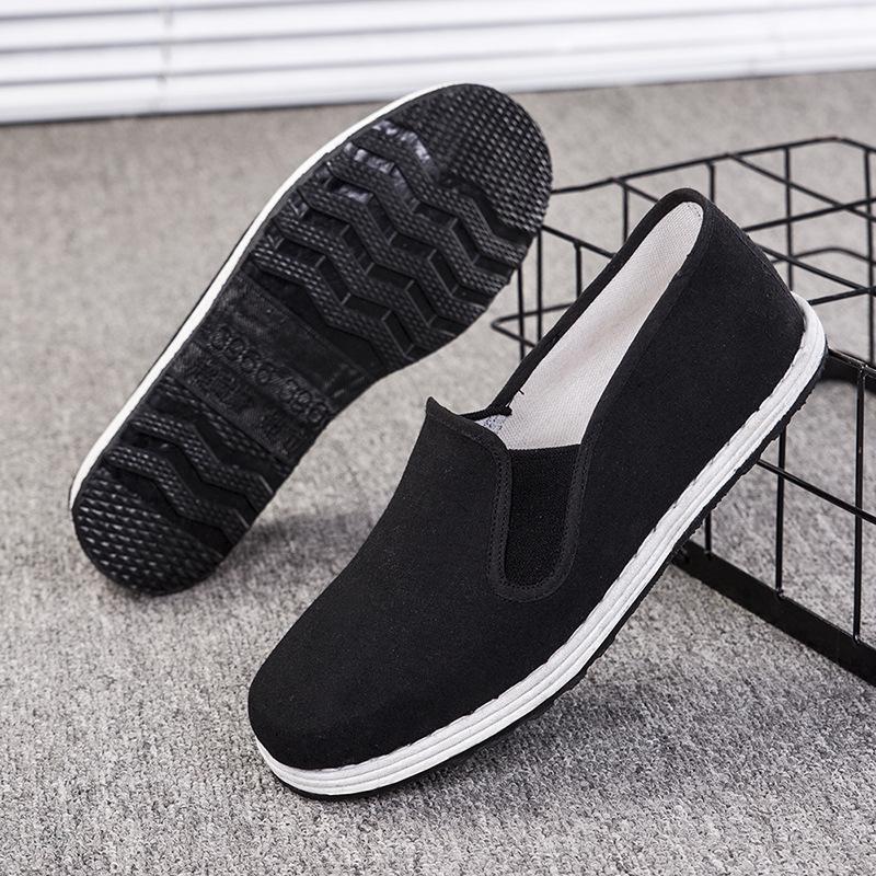Men's Traditional Handmade Black Cloth Shoes, Thick Sole, Slip-On, Flat Bottom, Stitched Design, Old Beijing Style.