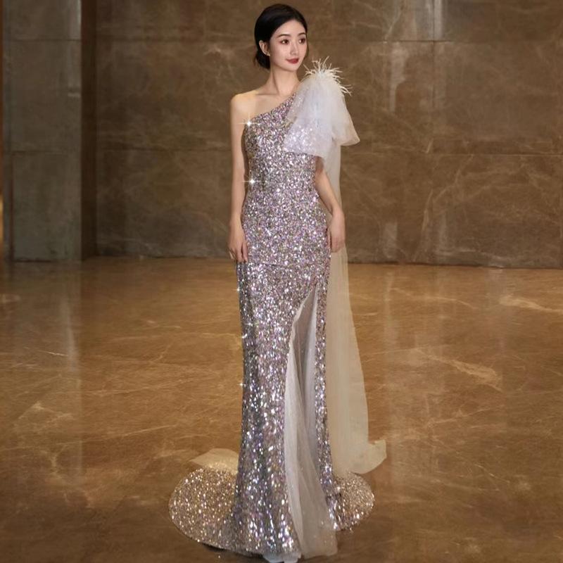 New toasting clothes haute couture light luxury evening dress female feeling single shoulder fishtail sequins formal settings host skirt