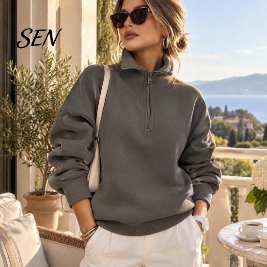Langarm-Layering-Oberteile Damen Übergroßer Pullover, Stehkragen Reißverschluss Halbe Knopfleiste Oberteile, Leichter Pullover für Lässige Streetwear Entspannt
