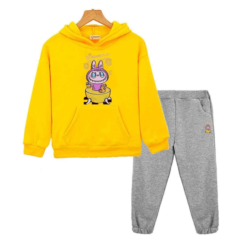 Chlapci dívky Sady s kapucí Kawaii labubu Anime mikina Fleecová mikina Kreslená bunda 2ks pulovr+kalhoty dětské butikové oblečení