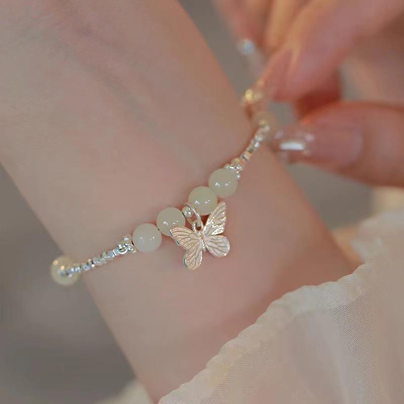 Hetian Jade & Silver Butterfly Bracelet - Exquisite Chinese Style Summer Accessory with Lucky Beads for Women