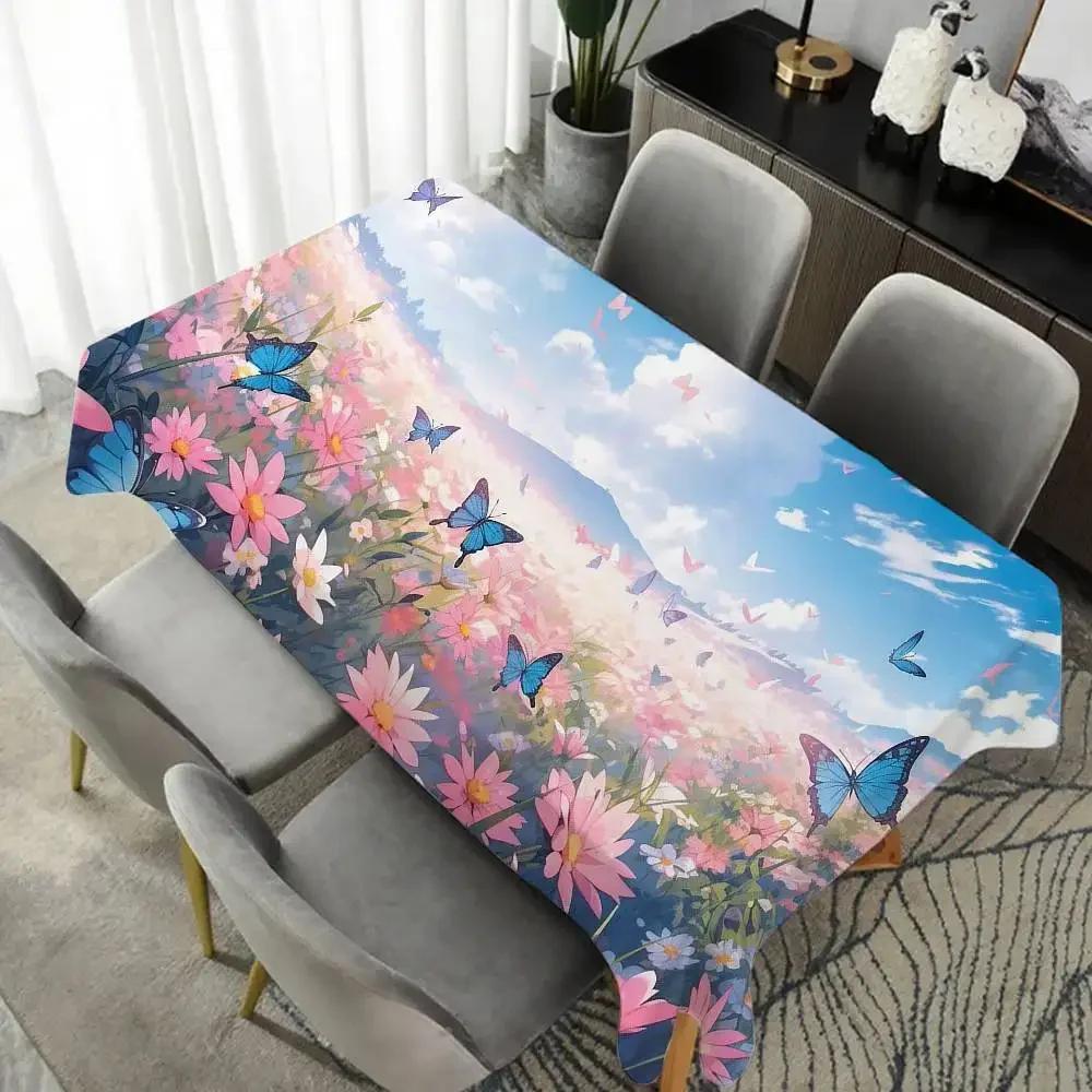 Waterproof Oilproof Home Butterfly Floral Table Cloth Rectangular Party Table Cover Tablecloth Outdoor Picnic Mat