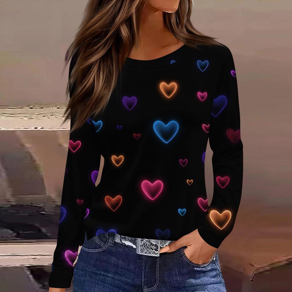 Damen Modisches Langarm-Rundhals-Oberteil mit Schlitzsaum und Valentinstag-Herzprint