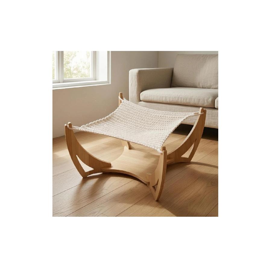Woven Feline Sling Bed Handwoven Wooden Feline Sling Pet Furniture Freestanding Airy Design