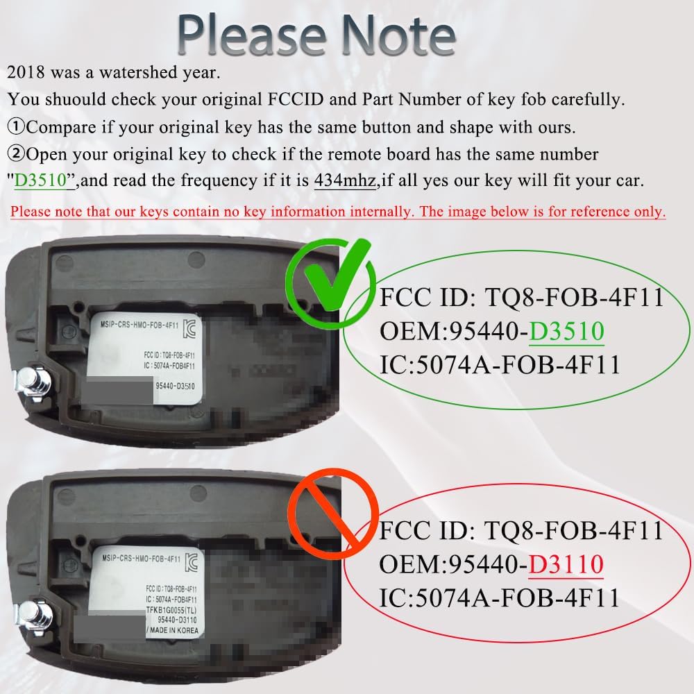 Smart Key Fob Keyless Entry Fits for Hyundai Tucson 2018    Remote Control Key Replacement 4 Button FCC ID: TQ8-FOB-4F11 PN:95440-D3510