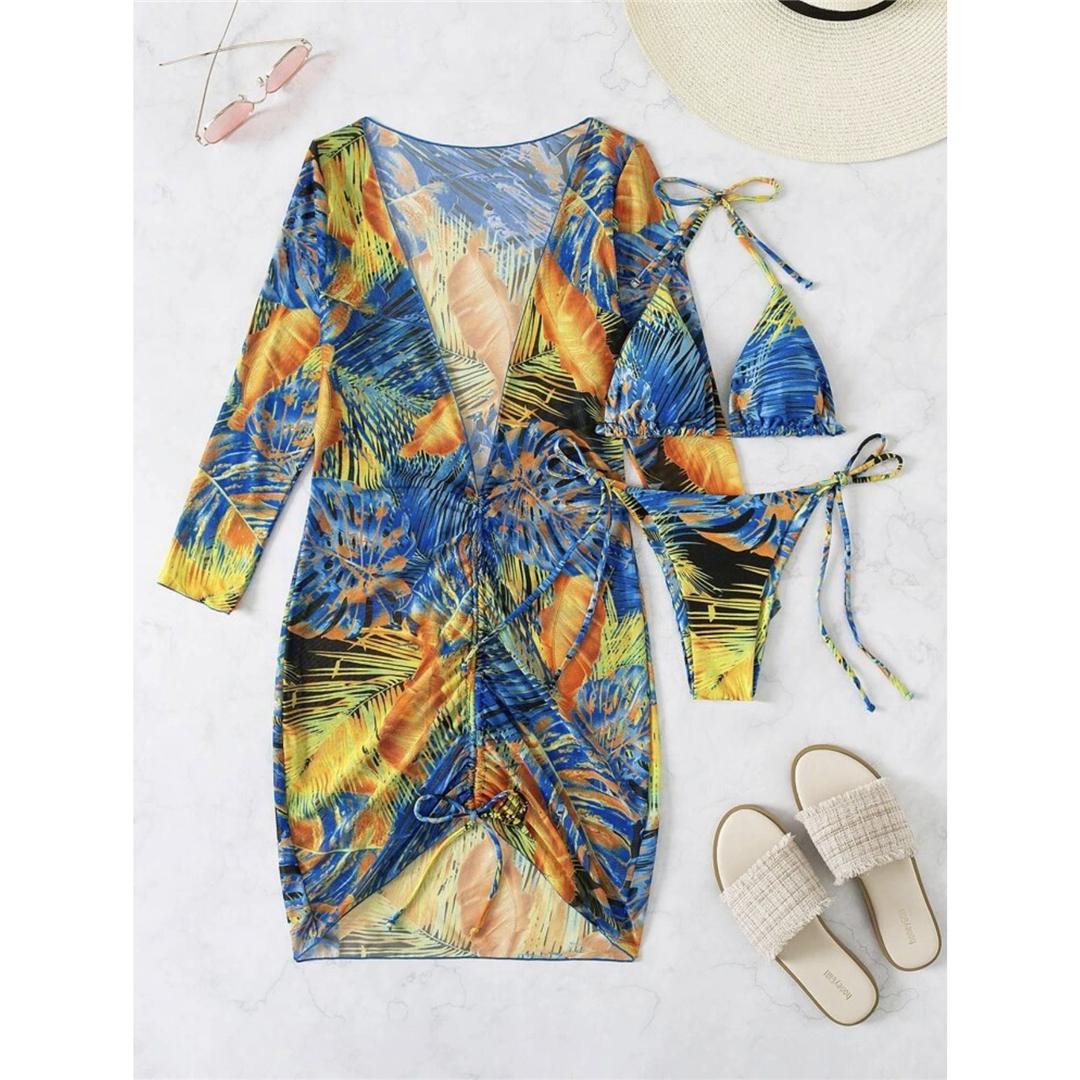 

С длинным рукавом платье с принтом Холтер бикини женский купальник женский купальник из трех частей комплект бикини купальный костюм M жёлтый