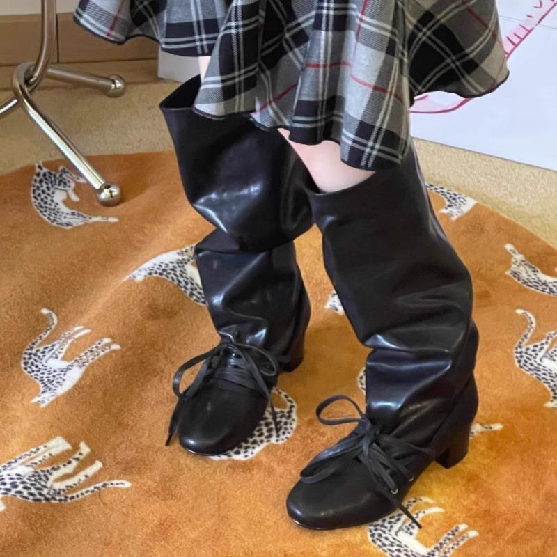 Retro strap new niche design pants boots thick heel thick sole boots but knee pointed lace-up knight boots