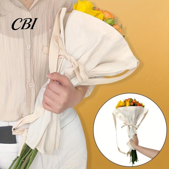 Handheld Bouquet Bag with Bow Canvas Flower Carrying Handle, Reusable Floral Tote Bag, Fresh Gift Wrap Flowers Packaging Holder for Garden,