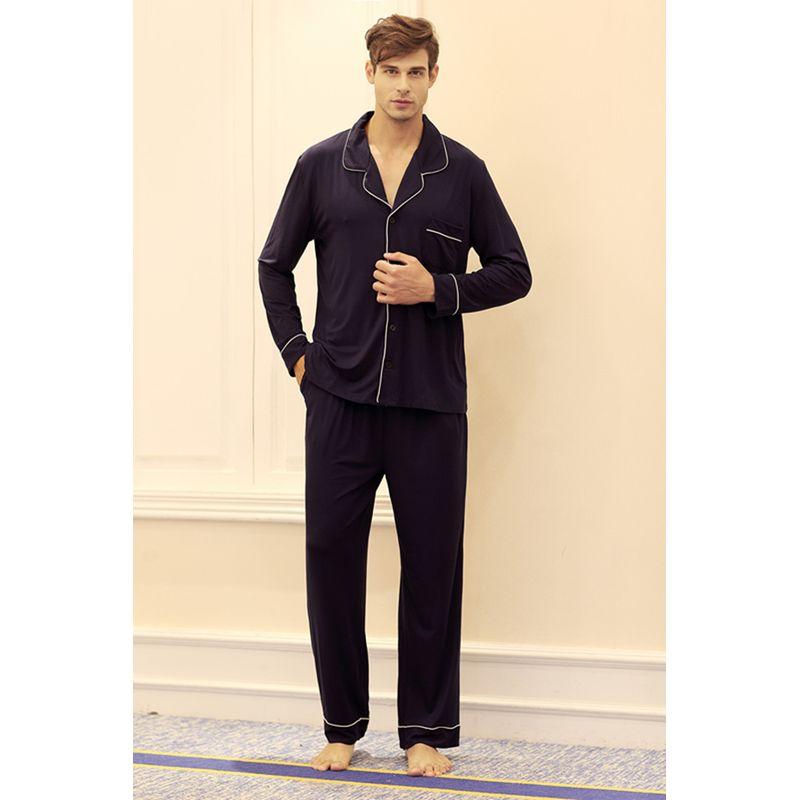 

Natural Bamboo Fiber Modal Pajamas Suit Spring and Summer Men s and Women s Couple Long-Sleeved Cotton Large Size Pajamas Thin Home Wear Navy blue XXL