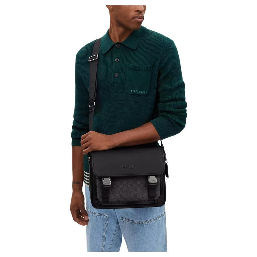 Coach Racer 28 Brand Logo Adjustable Shoulder Strap Coated Canvas Smooth Calfskin Messenger Bag Men Bags Charcoal CT716-QBMI5