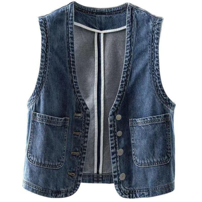 Women's Hong Kong Style Retro Loose Denim Vest - Short, Sleeveless, Casual Korean Fashion
