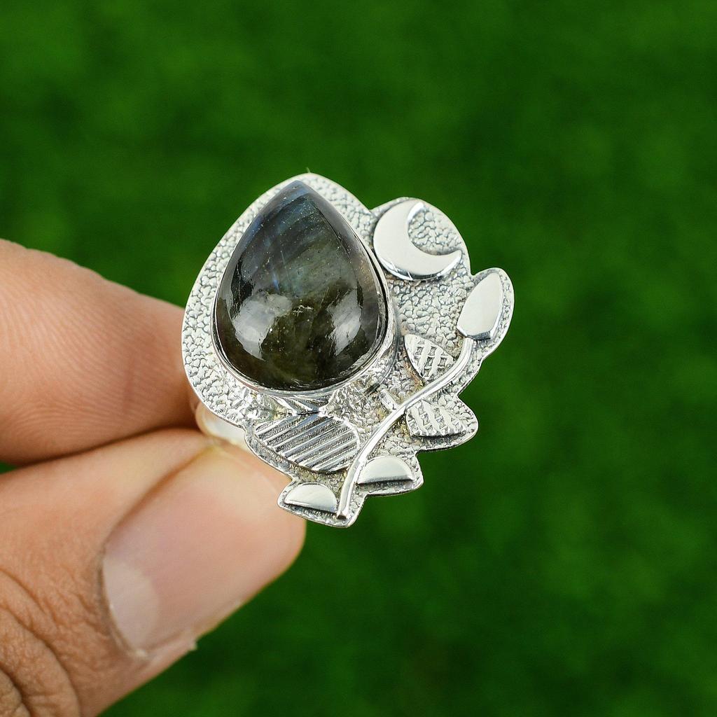 925 Sterling Silver Pear Natural Labradorite Handmade Cescent Moon Promise Ring