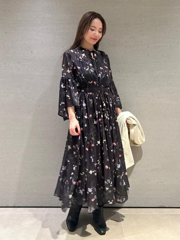 Selford Bowtie Flower Print Dress CWFO251063 Black Women's