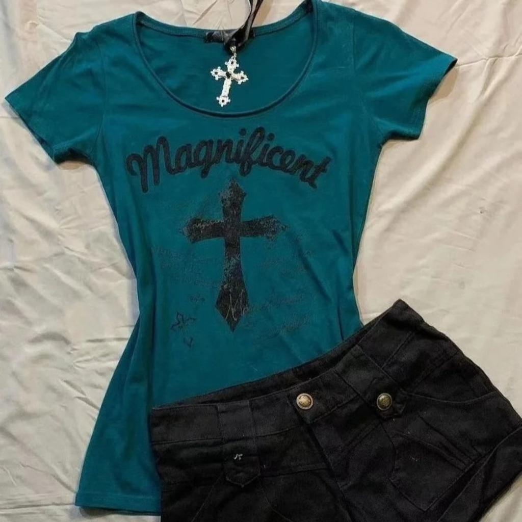 TrendHub Deep Blue Cross Print T-Shirt Women's Korean Style Slim Fit Short Sleeve round Neck Top Fashionable Summer New Arrival