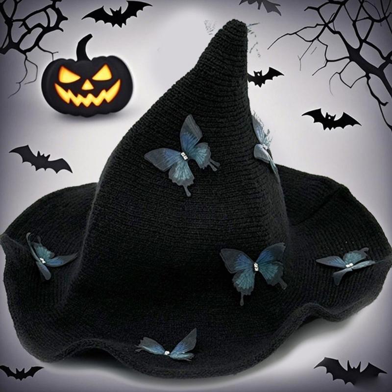 Halloween Knitted Witch Hat with Lovely Butterfly Accent Witch Costume Hat for Adults Costume Parties