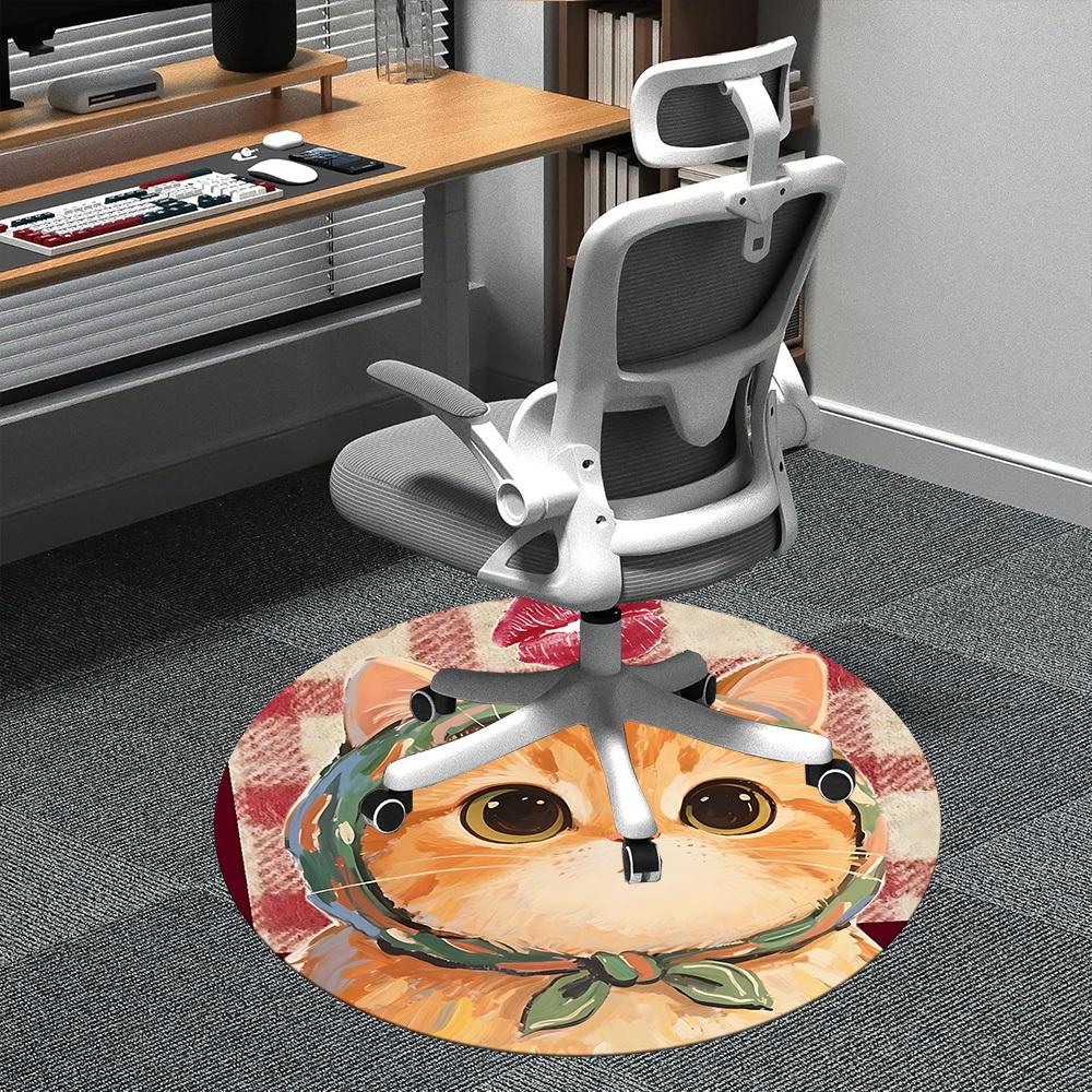 1PC Cat Scarf Office Round Area Rug, Mat Suitable ForOffice, Under Office Chairs Bedroom Living Room Home Decor, Room Deco