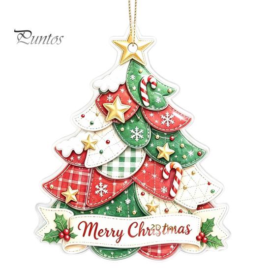 Indoor Seasonal Window Hangings Acrylic Christmas Tree Hanging Ornament, 2D Patchwork Print Cute Festive Decors Pendant with Merry Christmas, Holiday
