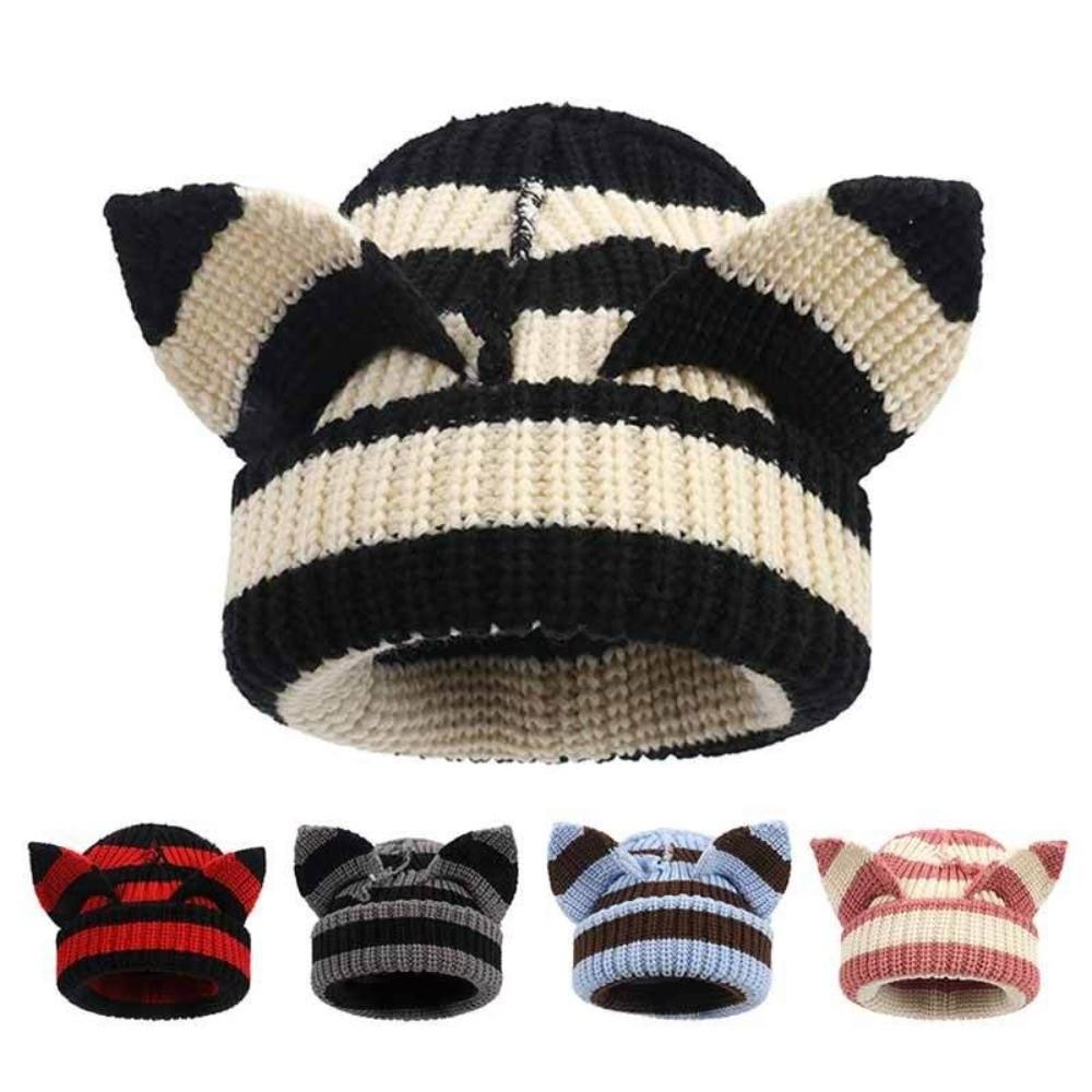 Stretchable Knit Cat Ear Beanie Yarn Striped Beanie Gifts Knitted Beanie Hat  Women and Men