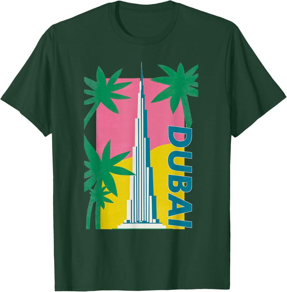 Dubai Burj Khalifa Palm Tree Retro Graphic Tee Men Casual Cotton TShirt