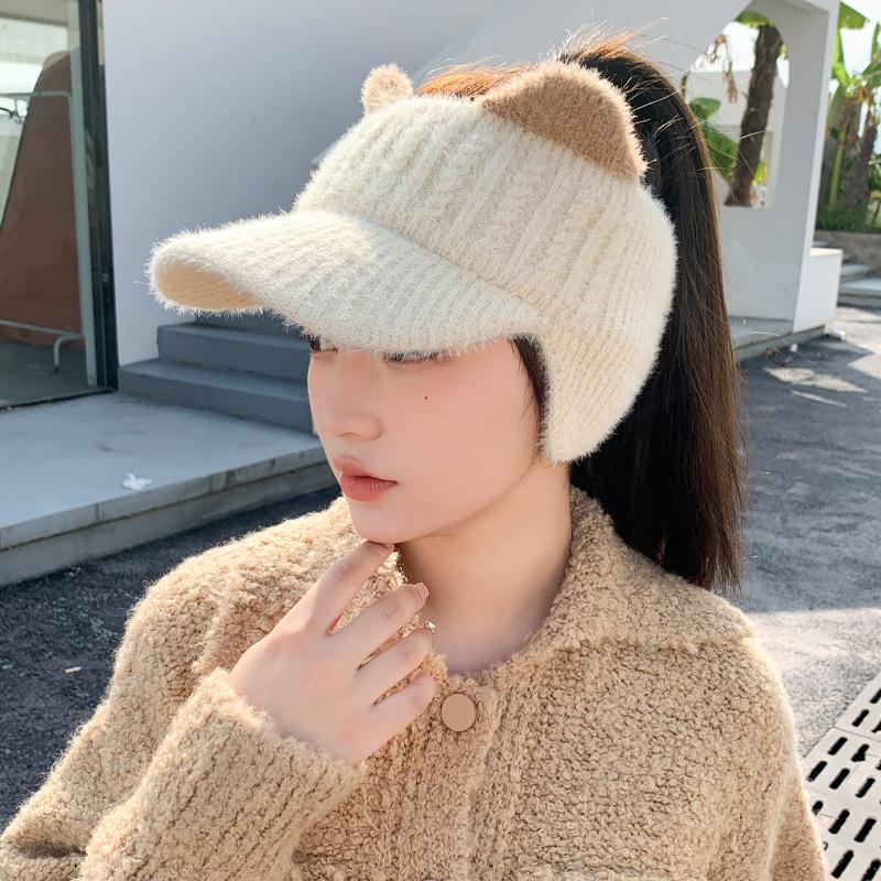 Women's New Style of Autumn and Winter Thickened Ear Protection and Cold-proof Knitted Wool Hat Warm Empty Top Plush Baseball Cap