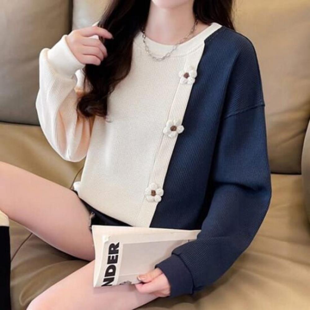 Navava Women Fleece Flower Color Block Round Neck Long Sleeve Sweatshirt Nt2121