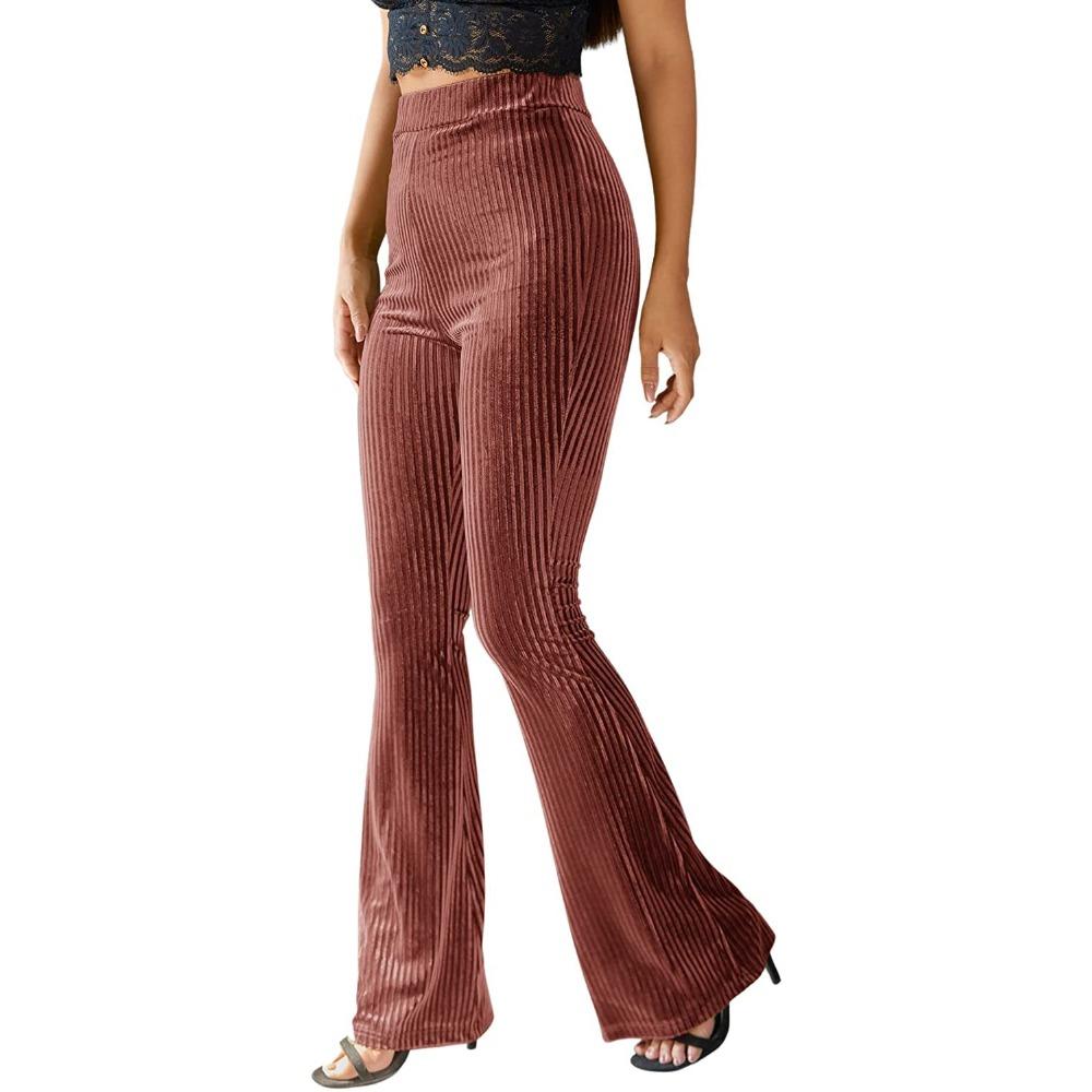 Women's High Waist Velvet Ribbed Flare Pants Slim Fit Solid Color Micro Bell Bottom Long Trousers