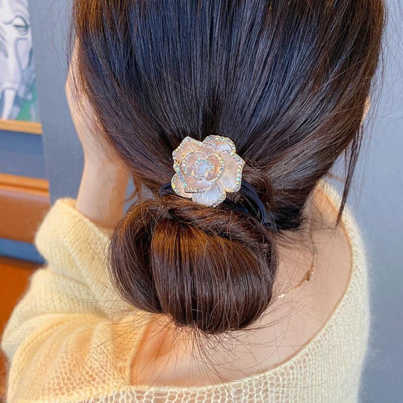 1 Stück Niedliche Blume Rutschfestes Nicht-Ziehendes Haaraccessoire Damen Elastisches Stirnband mit Diamant-Kamelien-Haargummi