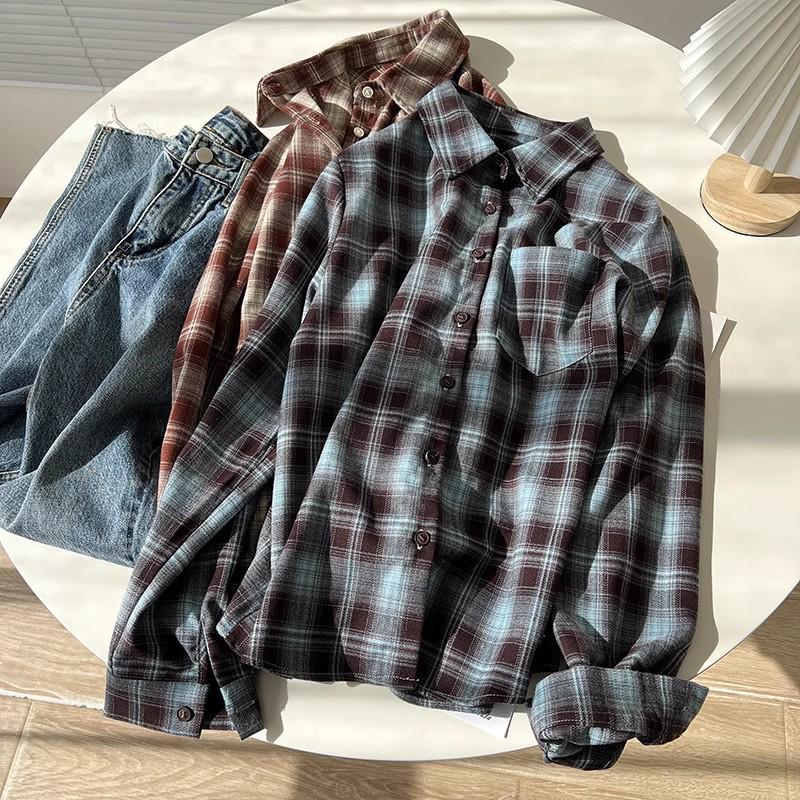 Cămașă de damă retro în carouri periată, stil coreean de toamnă/iarnă, bloc de culoare, cu guler polo larg, top gros casual.