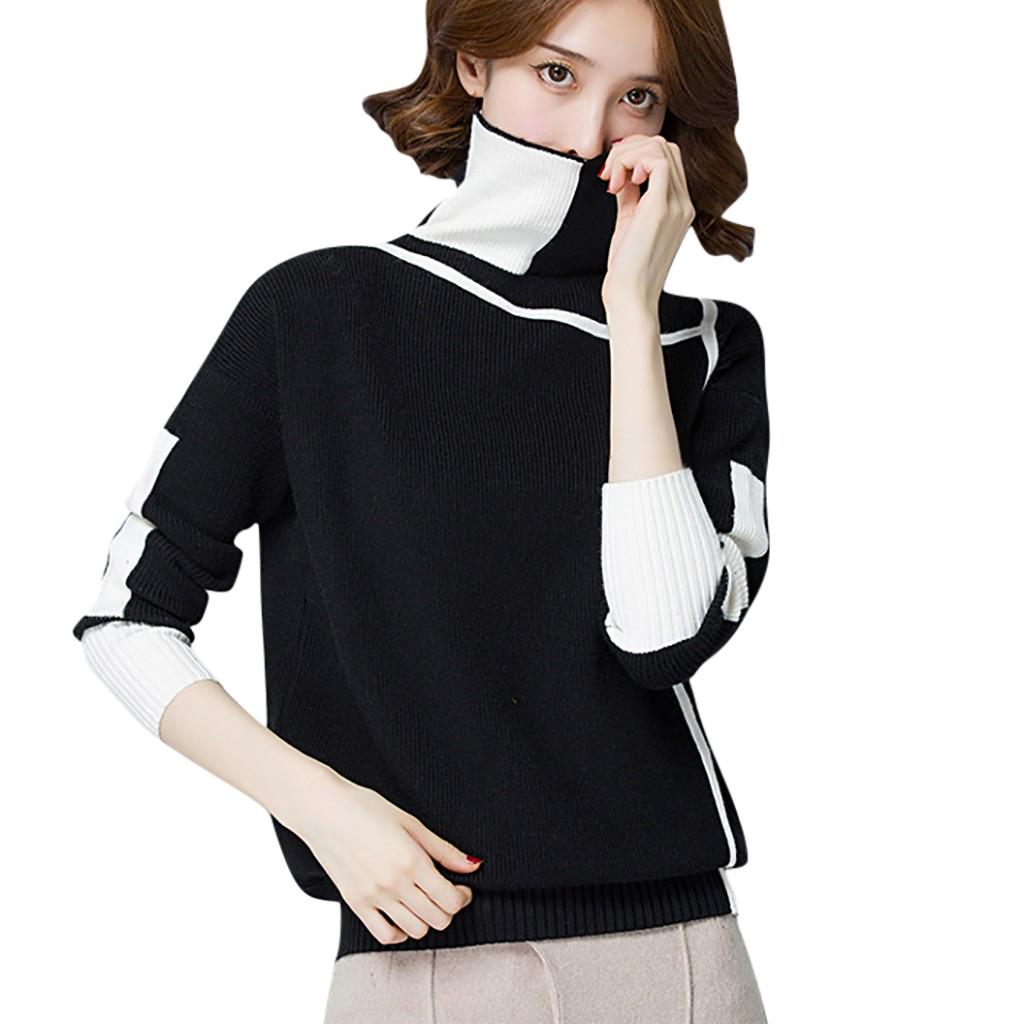 

(SU)Fashion Women Autumn Knitting Top Sweatshirt Blue Patchwork High Collar Blouse