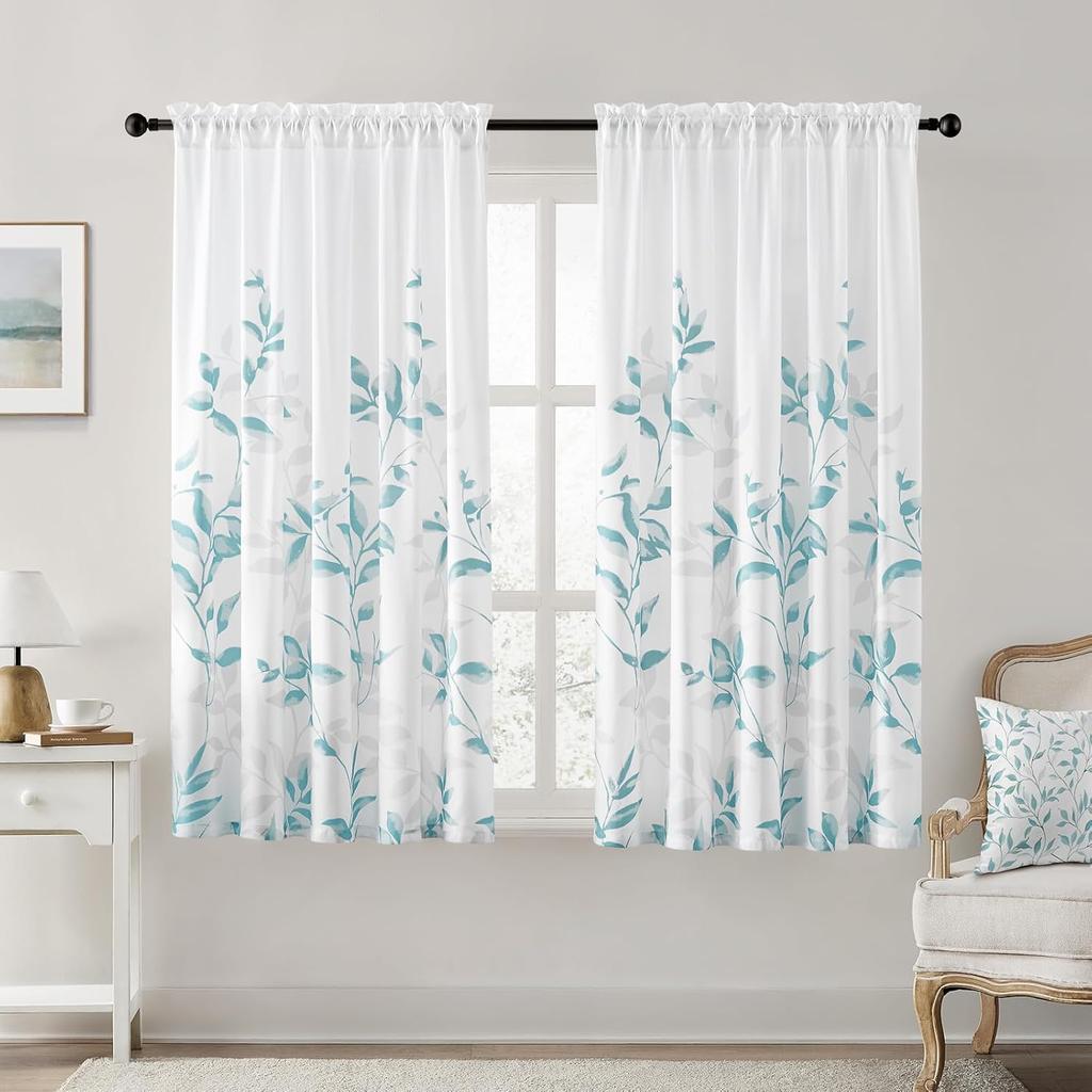 Green and White Privacy Sheer Curtains Length 2 Panels,Leaf Floral Printed Light Filtering Semi Sheer Window Curtains Drapes for