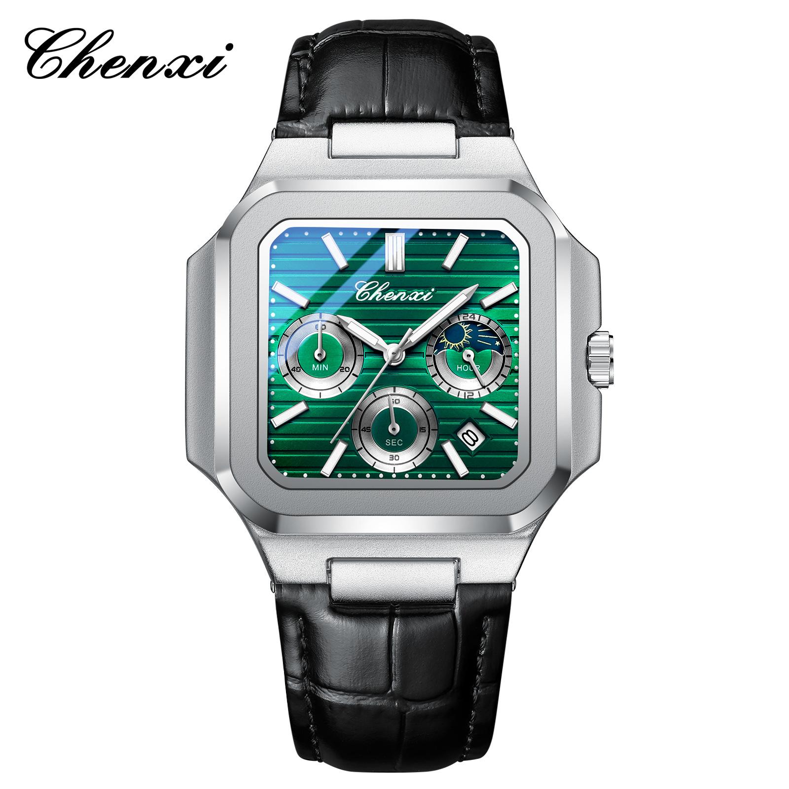 

Роскошные мужские часы для бизнеса, хронограф, фаза Луны, кварцевые часы, водонепроницаемые, часы мужские, новые 2025 leather band серебряный/зелёный