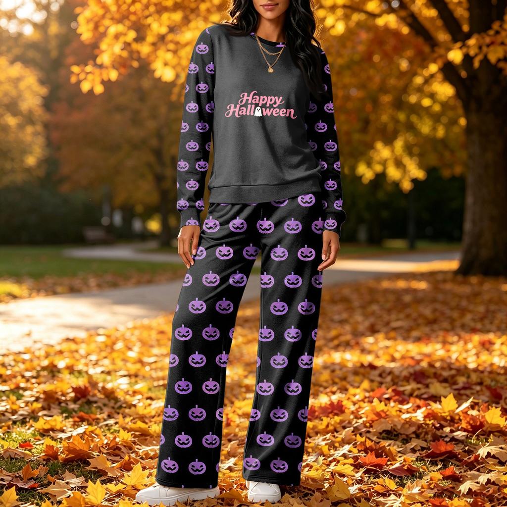Women's Halloween Print Hoodie and Jogger Pants Set, Round Neck Loose Fit Casual Sweatsuit