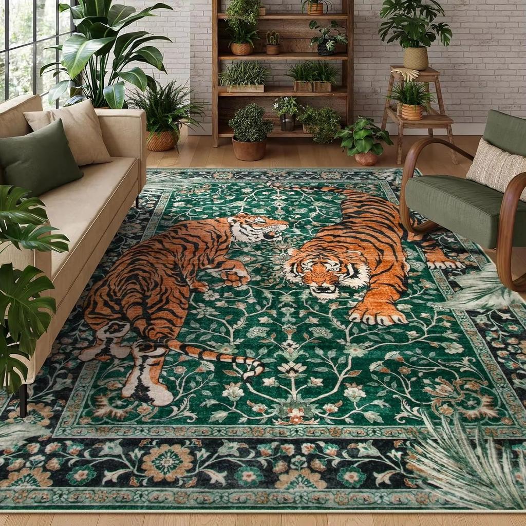 Moynesa Tiger Bohemian Rug for Living Room Retro Tiger Print Carpet Washable Carpets Dining Room Indoor Doormat Kitchen Area Rug