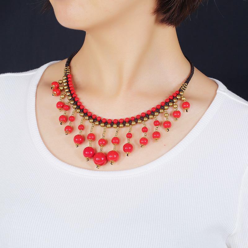 Bohemian ethnic style short necklace women's collarbone chain red and blue turquoise fringed anklet retro vacation set