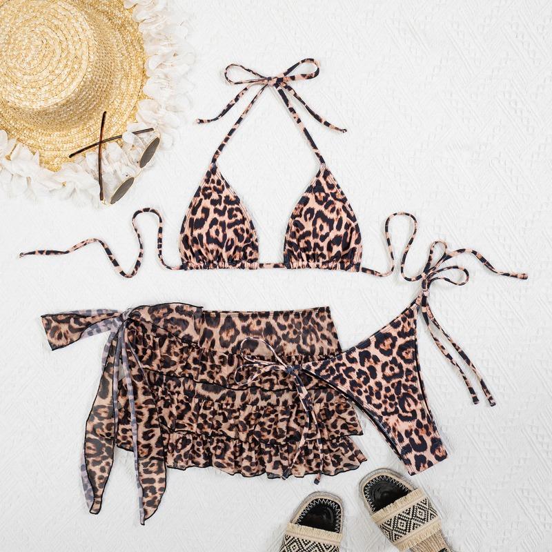 Sexy Leopard Print Halter Three Piece Bikini Swimsuit For Women