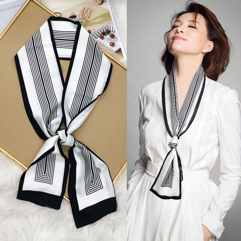 Luxury Design Women Summer Long Silk Scarf Hair Headband Foulard Skinny Bag Scarves Neckerchief Lady Shirt Decorative Streamers