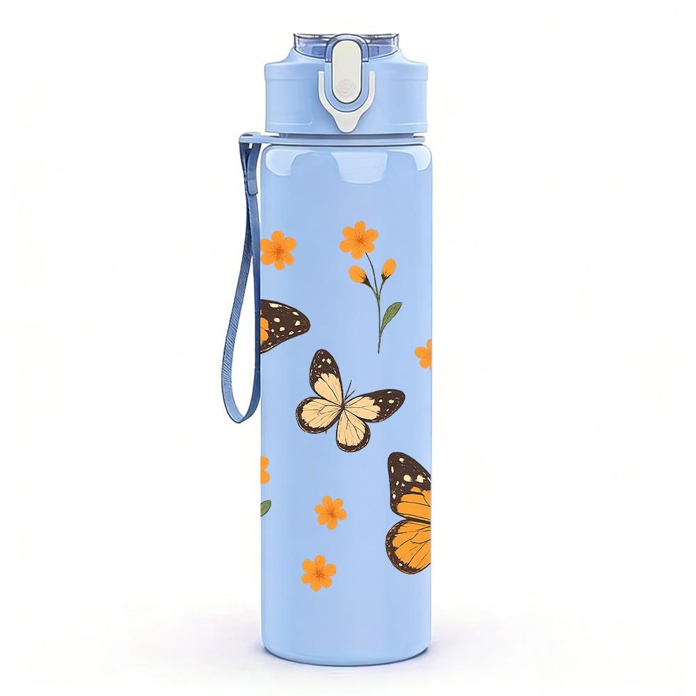 1PC Orange Butterfly Group Print 750ml Color Plastic Sports Water Bottle Leakproof Flip Straw Lid Suitable for Sports Office Home Use